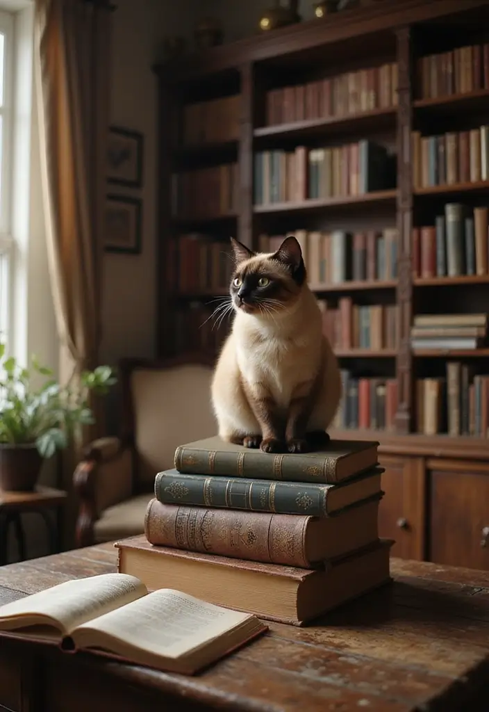 28 Tonkinese Cat Photos That Look Beautiful in Any Home - 27. The Elegant Library