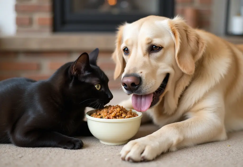 15 Adorable Photos of a Black Cat and Golden Retriever That Will Melt Your Heart! 5 15 Adorable Photos of a Black Cat and Golden Retriever That Will Melt Your Heart! - 5. Food Time Fun