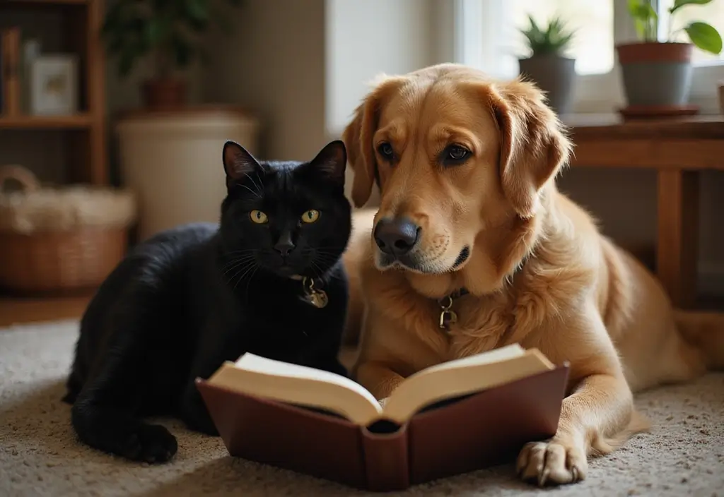 15 Adorable Photos of a Black Cat and Golden Retriever That Will Melt Your Heart! 9 15 Adorable Photos of a Black Cat and Golden Retriever That Will Melt Your Heart! - 9. Storytime Companions