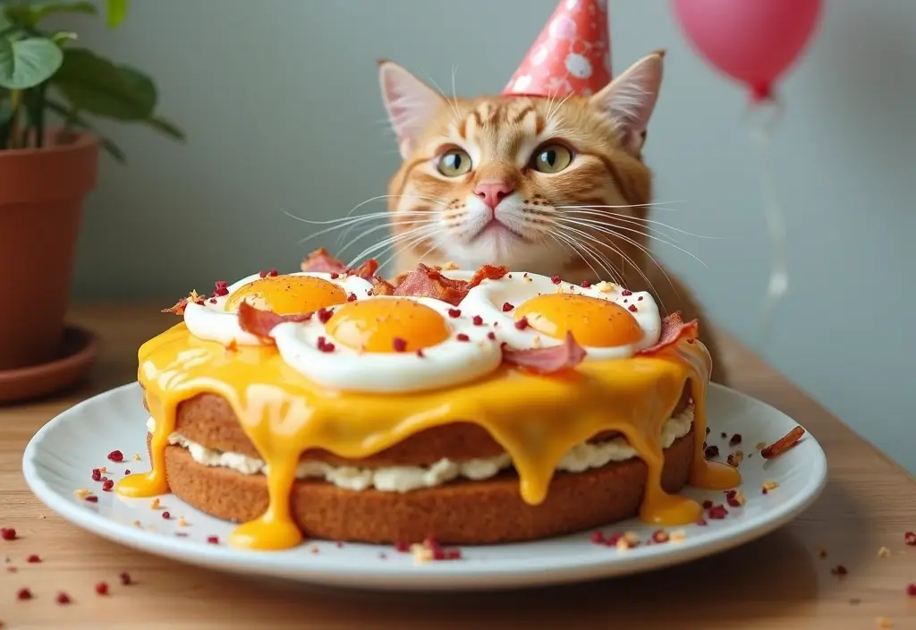 50 Cat Birthday Cake Ideas for Pet Lovers - 25. Bacon and Egg Cake